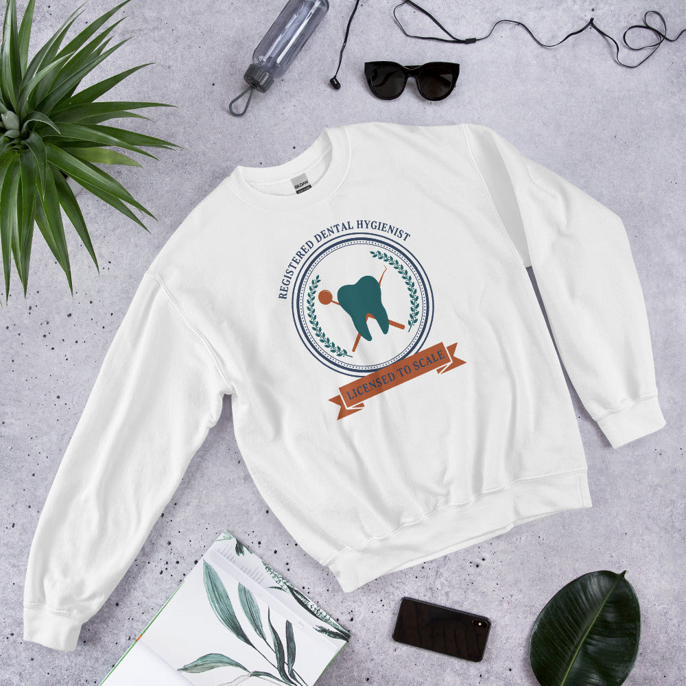 Licensed to Scale registered dental hygienist crewneck sweatshirt — White, front-right