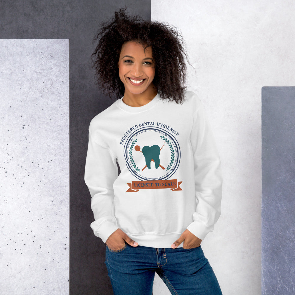 Licensed to Scale registered dental hygienist crewneck sweatshirt — White, on model
