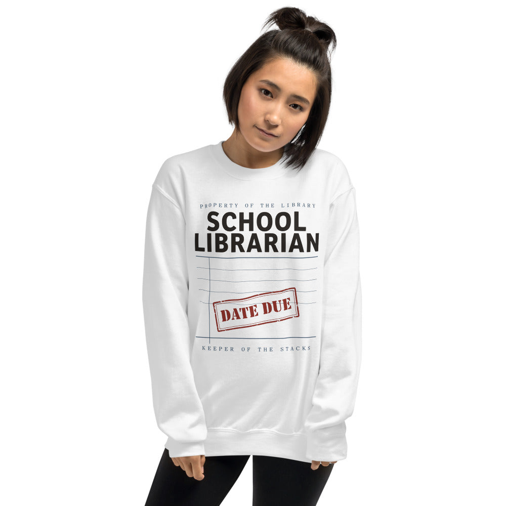 Property of the School Library card catalog school librarian crewneck sweatshirt — White, on model