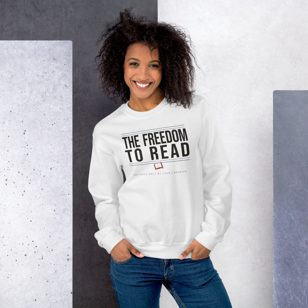 The Freedom to Read school librarian crewneck sweatshirt — White, on model