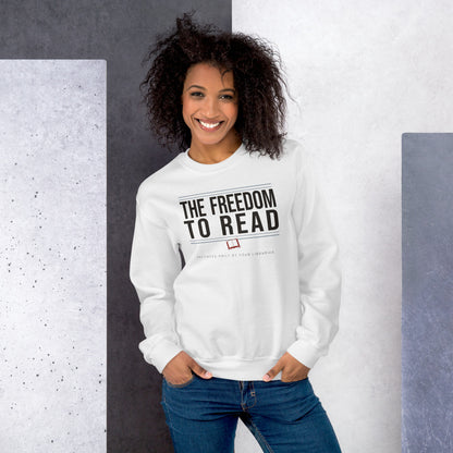 The Freedom to Read school librarian crewneck sweatshirt — White, on model