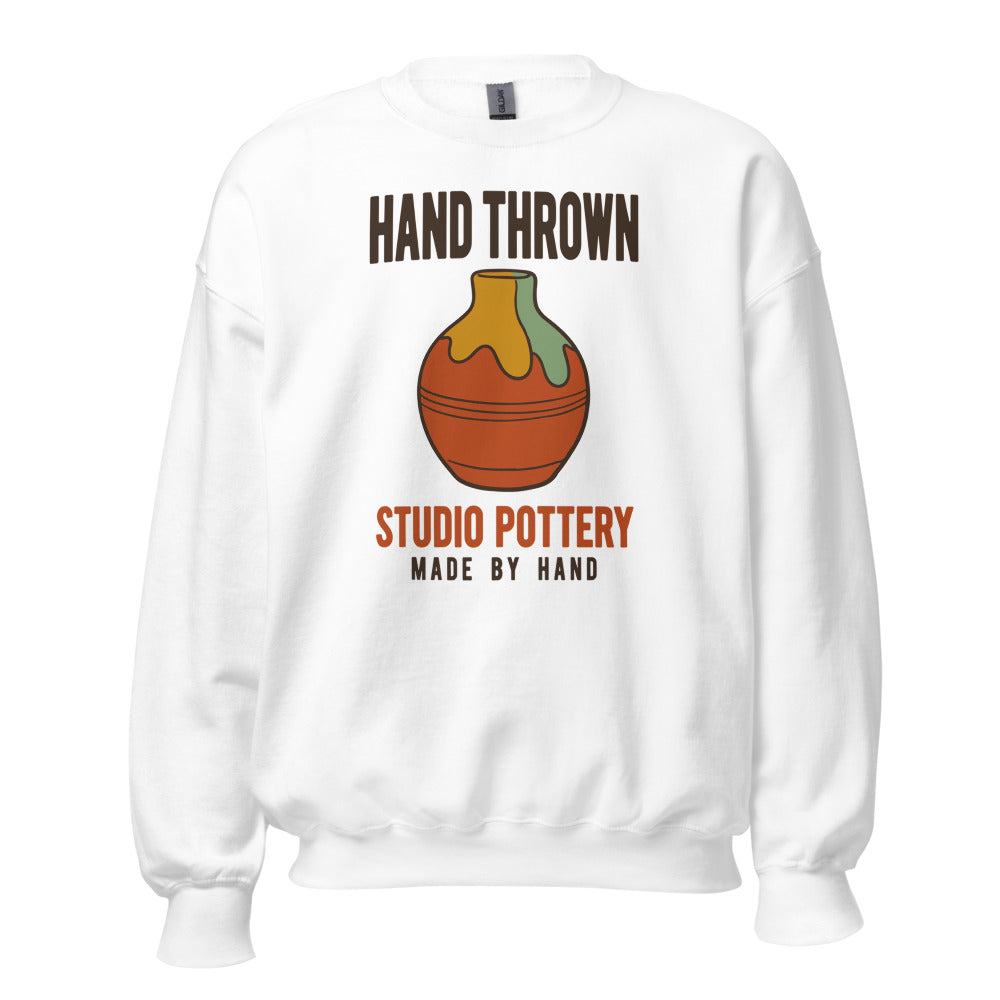 Hand Thrown Studio Pottery retro poster crewneck sweatshirt — White, front
