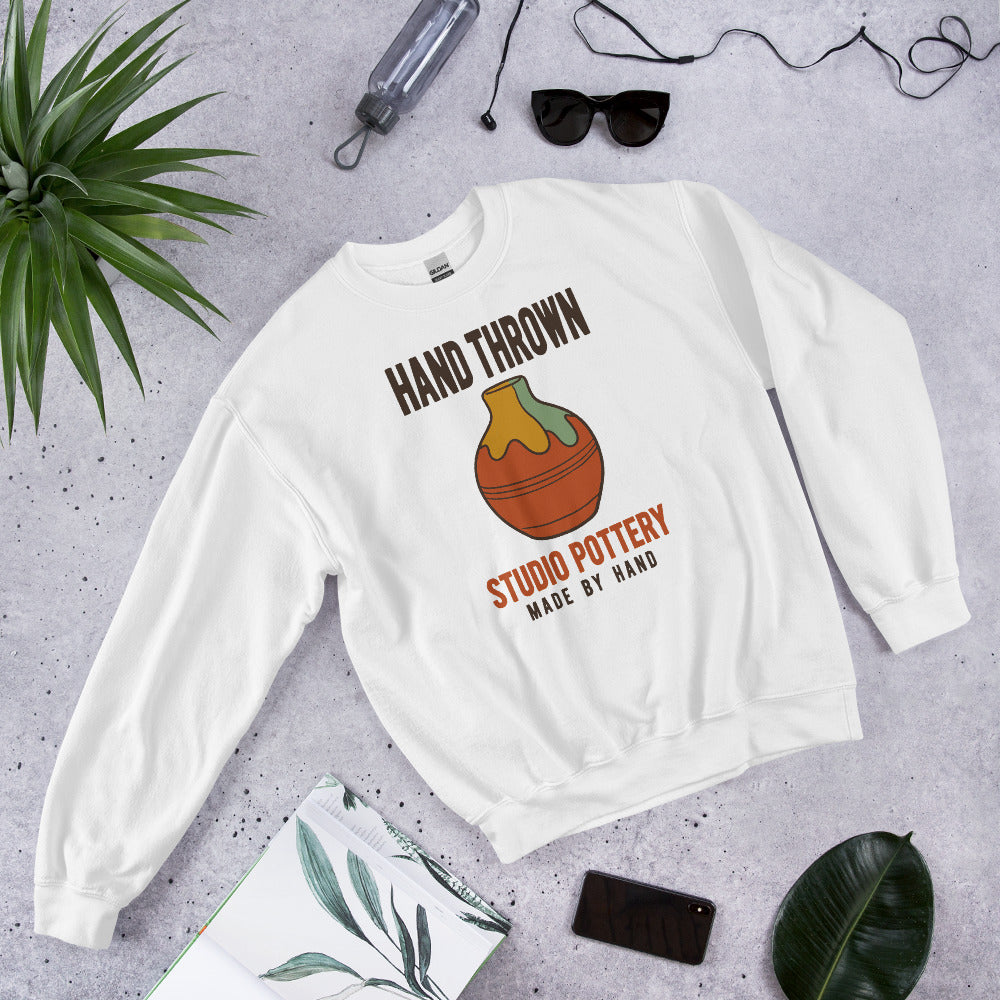 Hand Thrown Studio Pottery retro poster crewneck sweatshirt — White, front-right