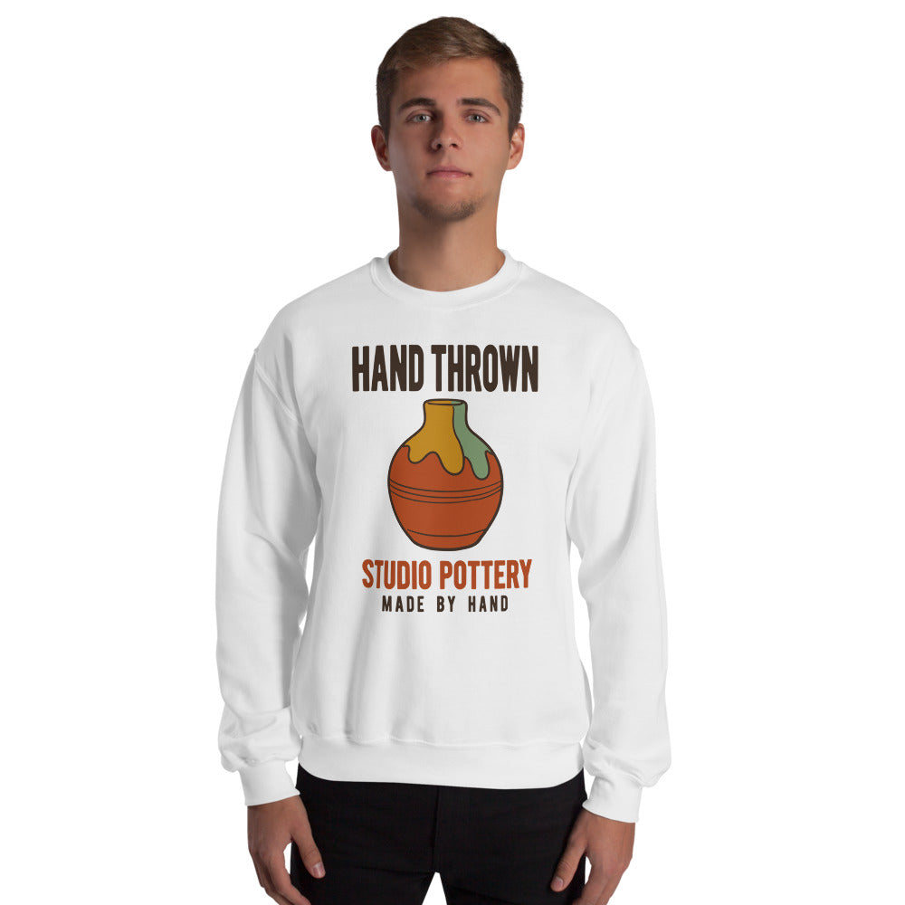 Hand Thrown Studio Pottery retro poster crewneck sweatshirt — White, on model