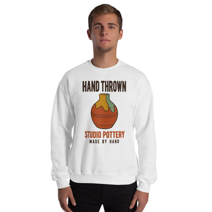 Hand Thrown Studio Pottery retro poster crewneck sweatshirt — White, on model