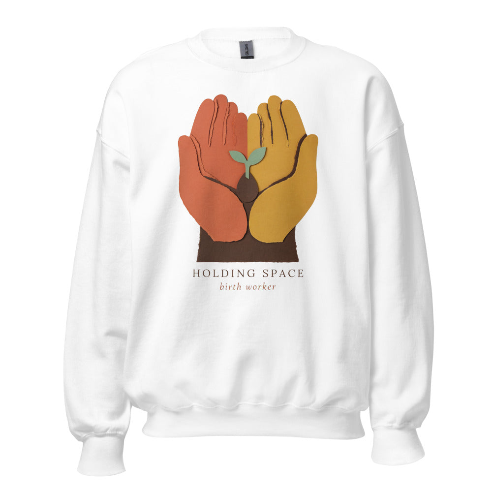 Holding Space birth worker crewneck sweatshirt — White, front