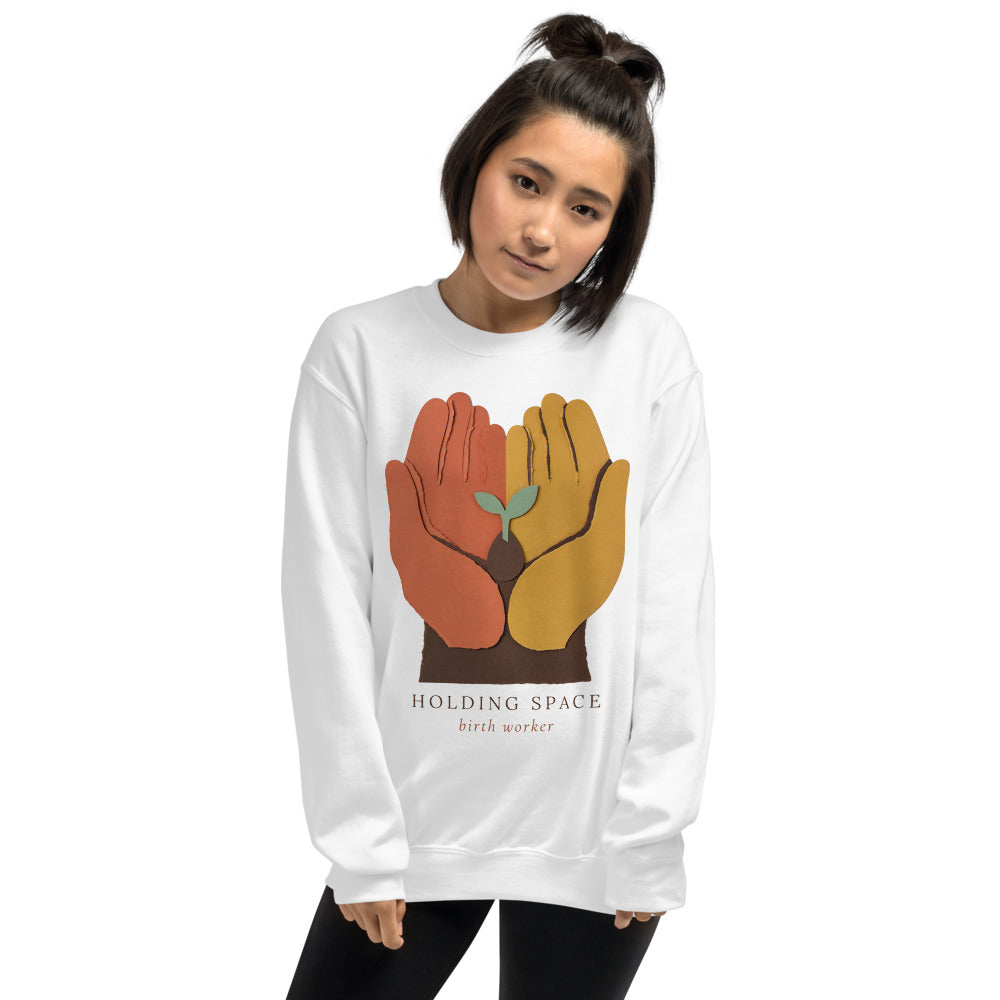Holding Space birth worker crewneck sweatshirt — White, on model