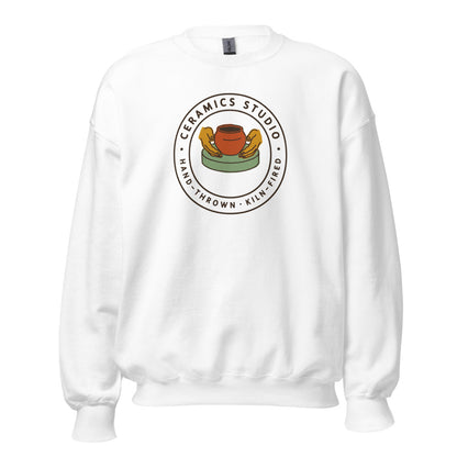 Ceramics Studio Badge hand-thrown pottery crewneck sweatshirt — White, front