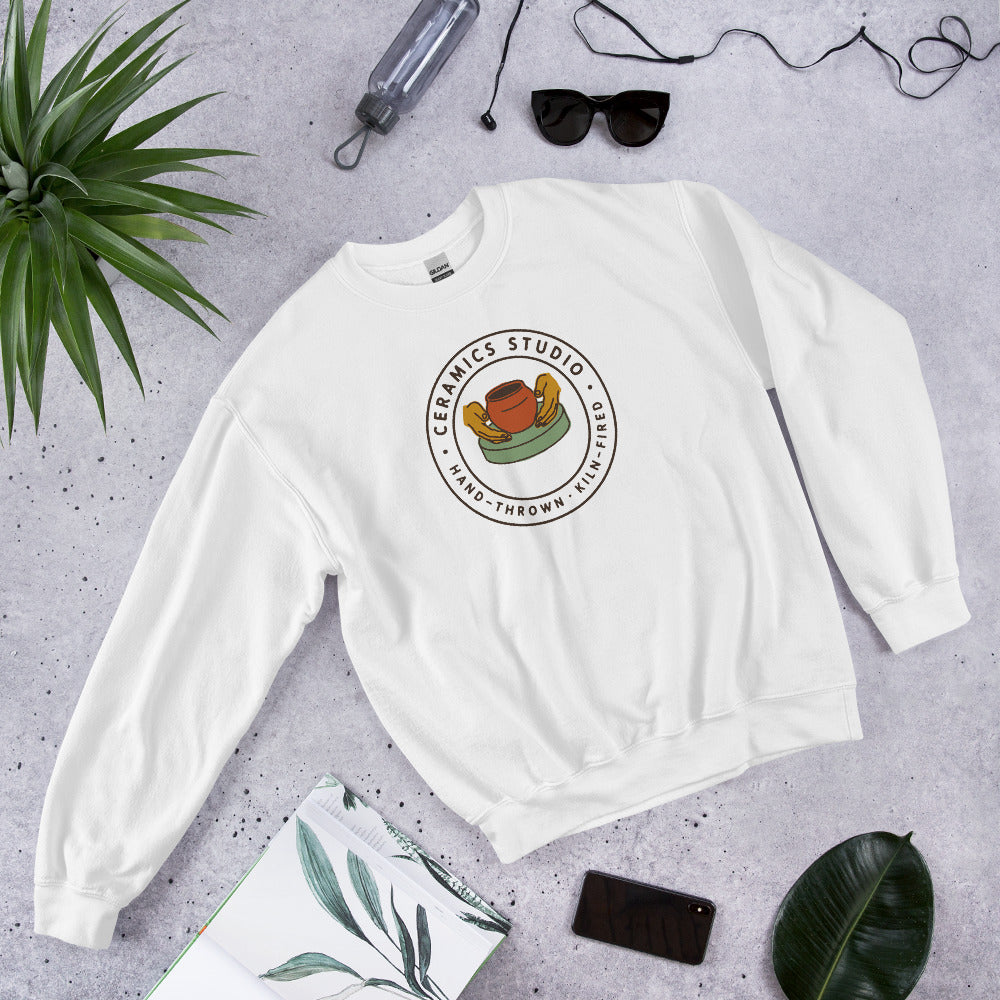 Ceramics Studio Badge hand-thrown pottery crewneck sweatshirt — White, flat lay