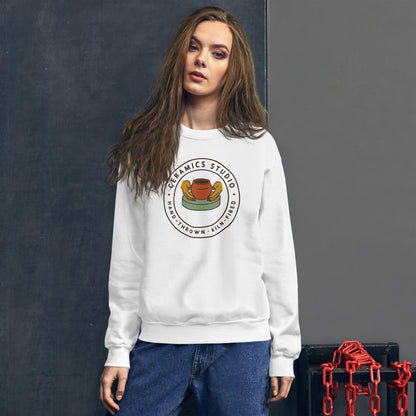 Ceramics Studio Badge hand-thrown pottery crewneck sweatshirt — White, on model