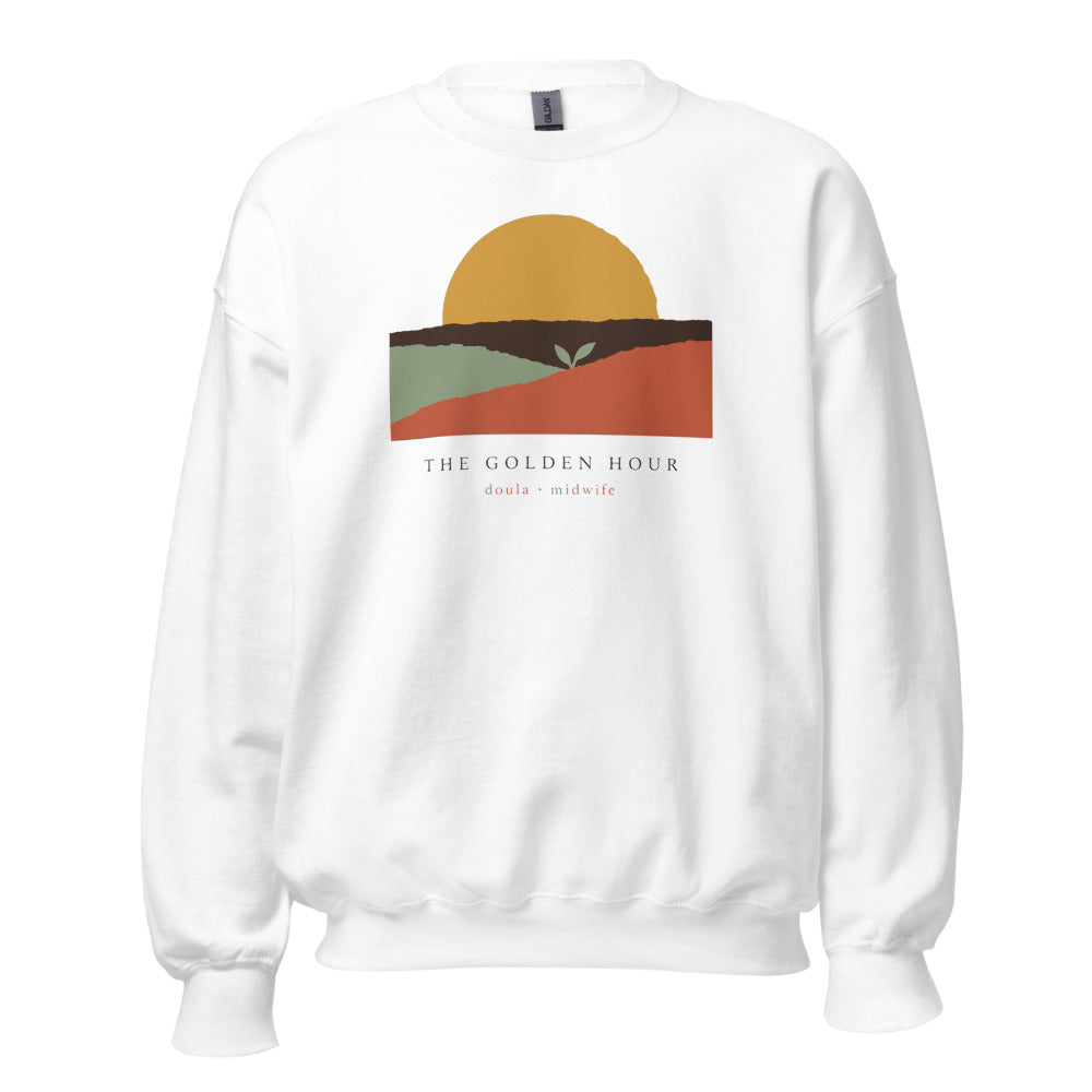 The Golden Hour birth worker crewneck sweatshirt — White, front