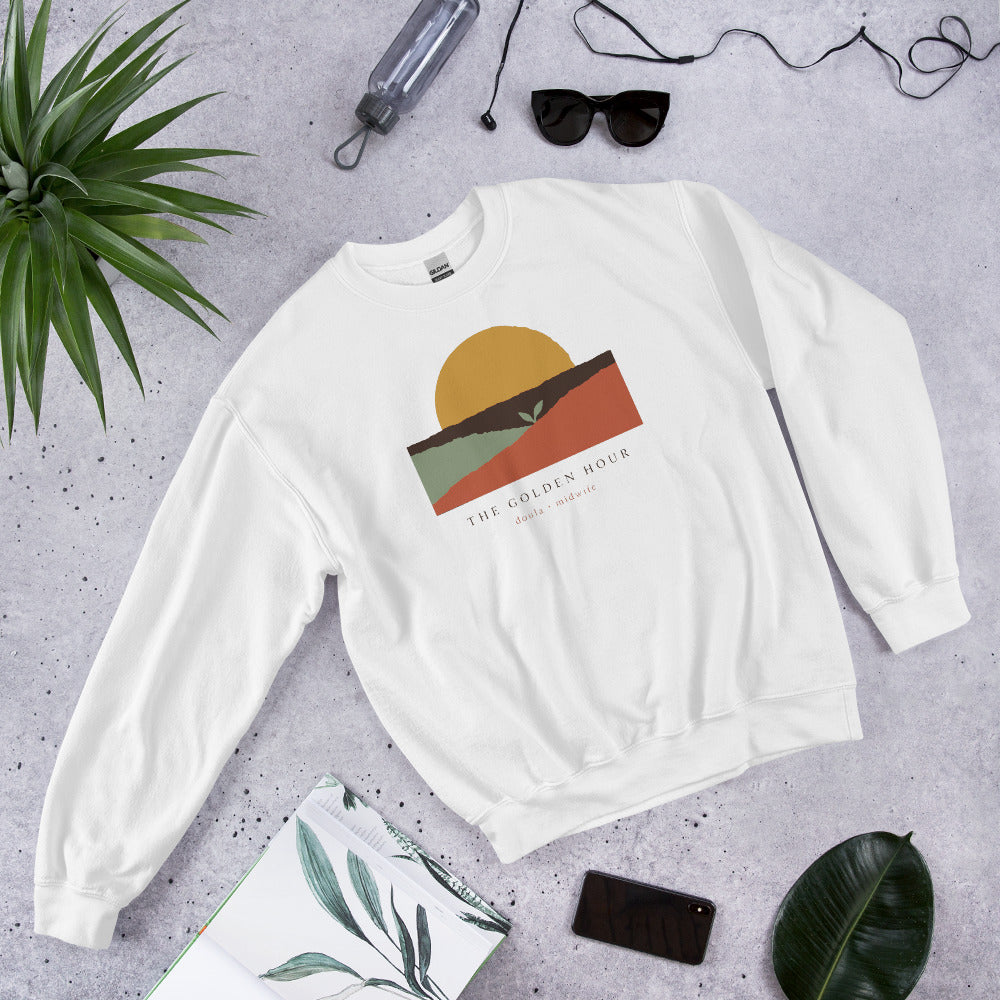 The Golden Hour birth worker crewneck sweatshirt — White, flat lay