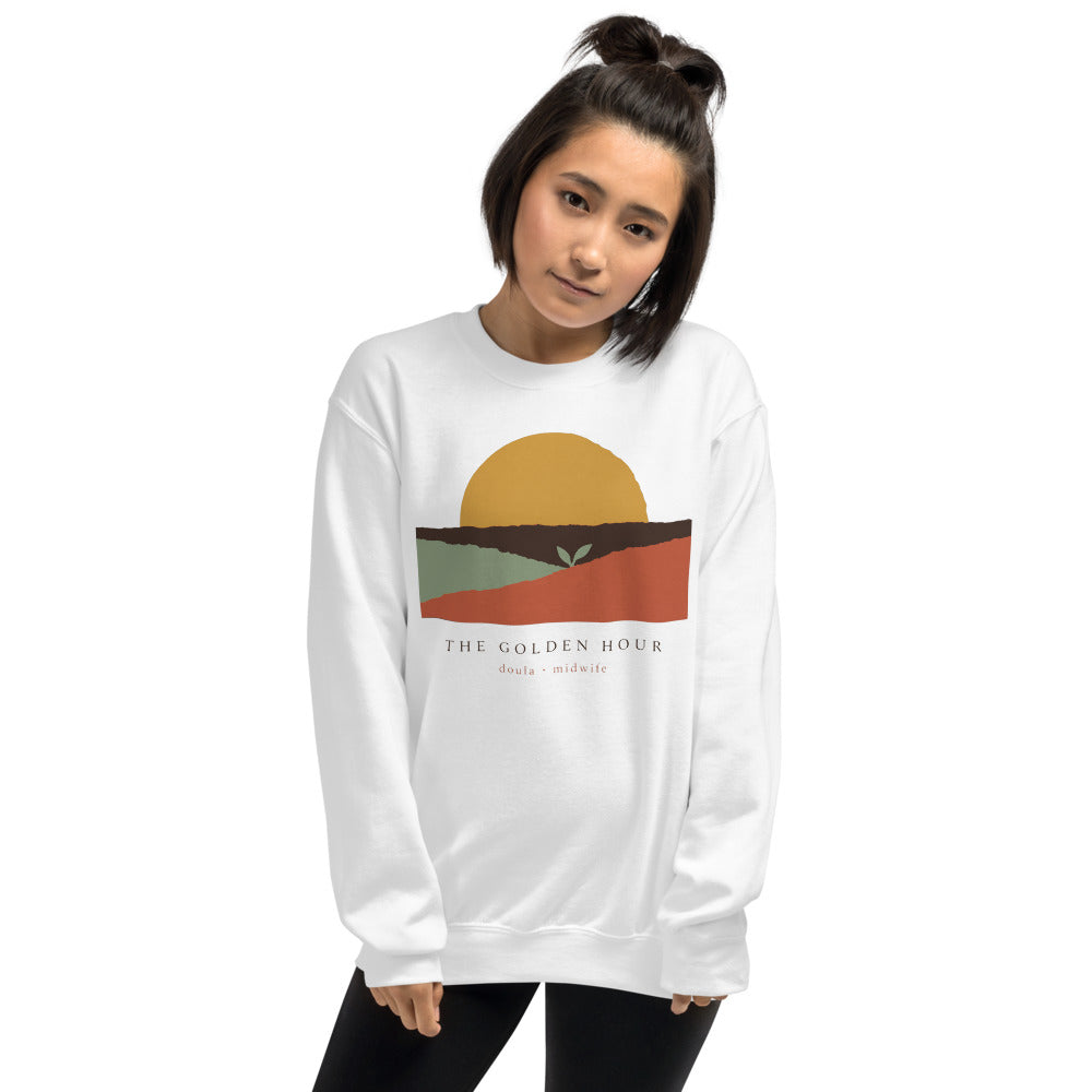 The Golden Hour birth worker crewneck sweatshirt — White, on model