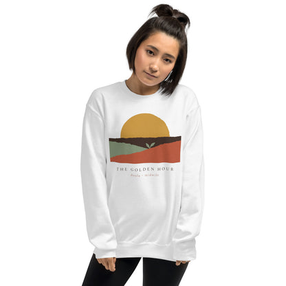 The Golden Hour birth worker crewneck sweatshirt — White, on model