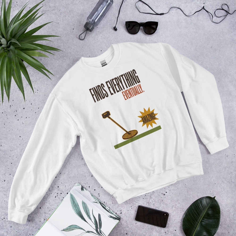 Finds Everything Eventually retro metal detecting crewneck sweatshirt — White, flat lay