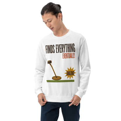 Finds Everything Eventually retro metal detecting crewneck sweatshirt — White, on model