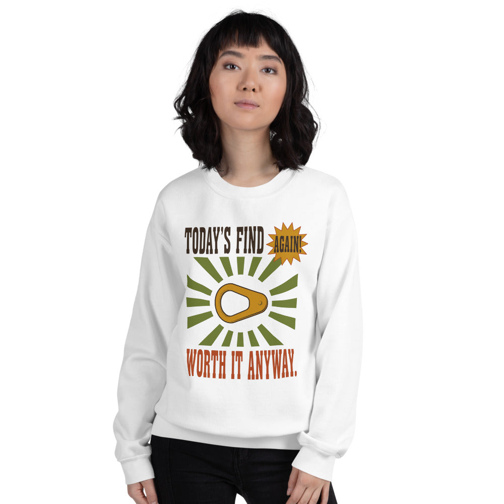 Today's Find pull tab retro metal detecting crewneck sweatshirt — White, on model