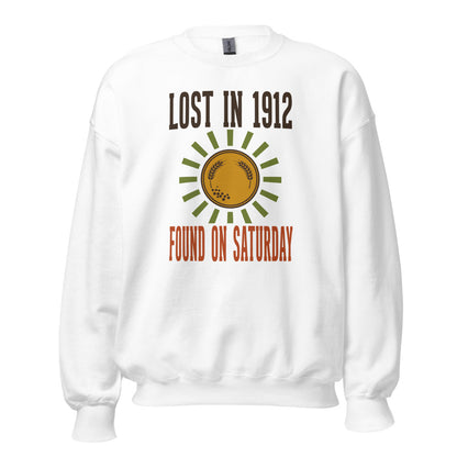 Lost in 1912 Found on Saturday retro metal detecting crewneck sweatshirt — White, front