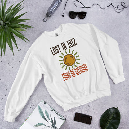Lost in 1912 Found on Saturday retro metal detecting crewneck sweatshirt — White, flat lay