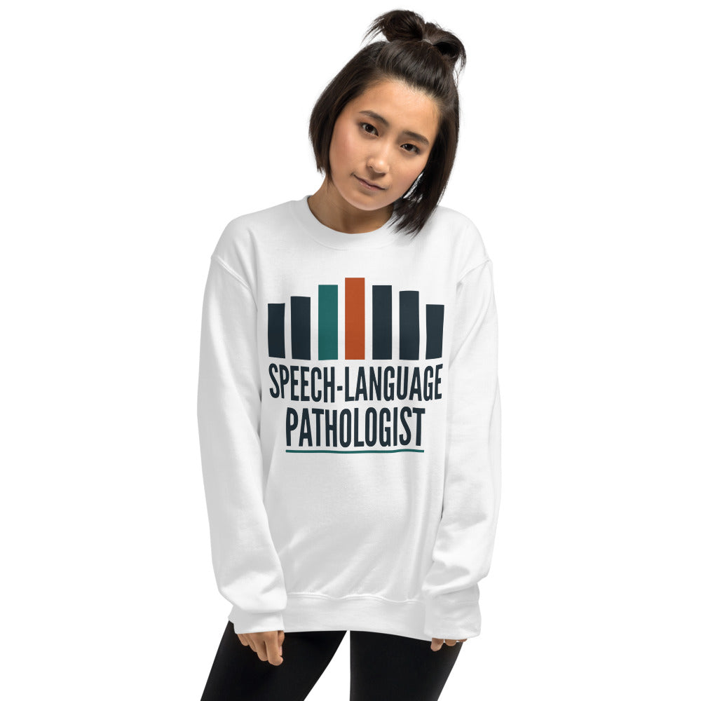 Mid-Century Clinic speech therapy crewneck sweatshirt — White, on model