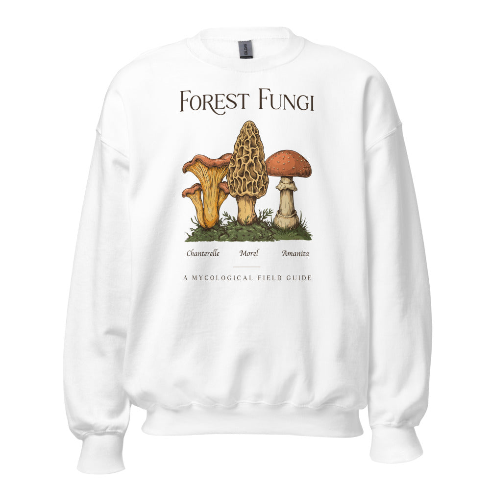 Forest Fungi vintage mushroom field guide crewneck — White, front