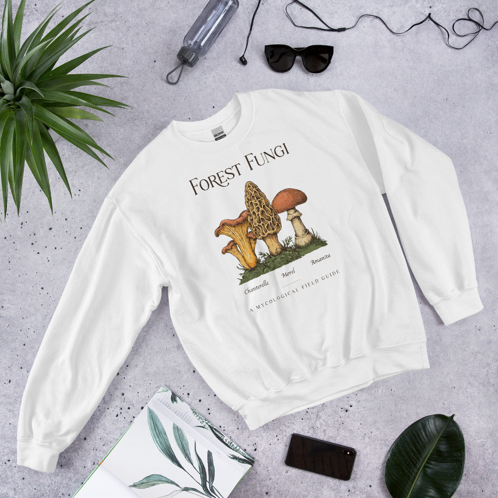Forest Fungi vintage mushroom field guide crewneck — White, flat lay