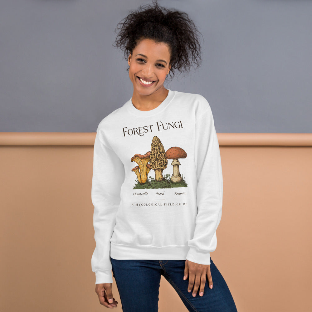 Forest Fungi vintage mushroom field guide crewneck — White, on model