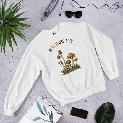 Stay Spore-adic funny vintage mushroom crewneck — White, flat lay