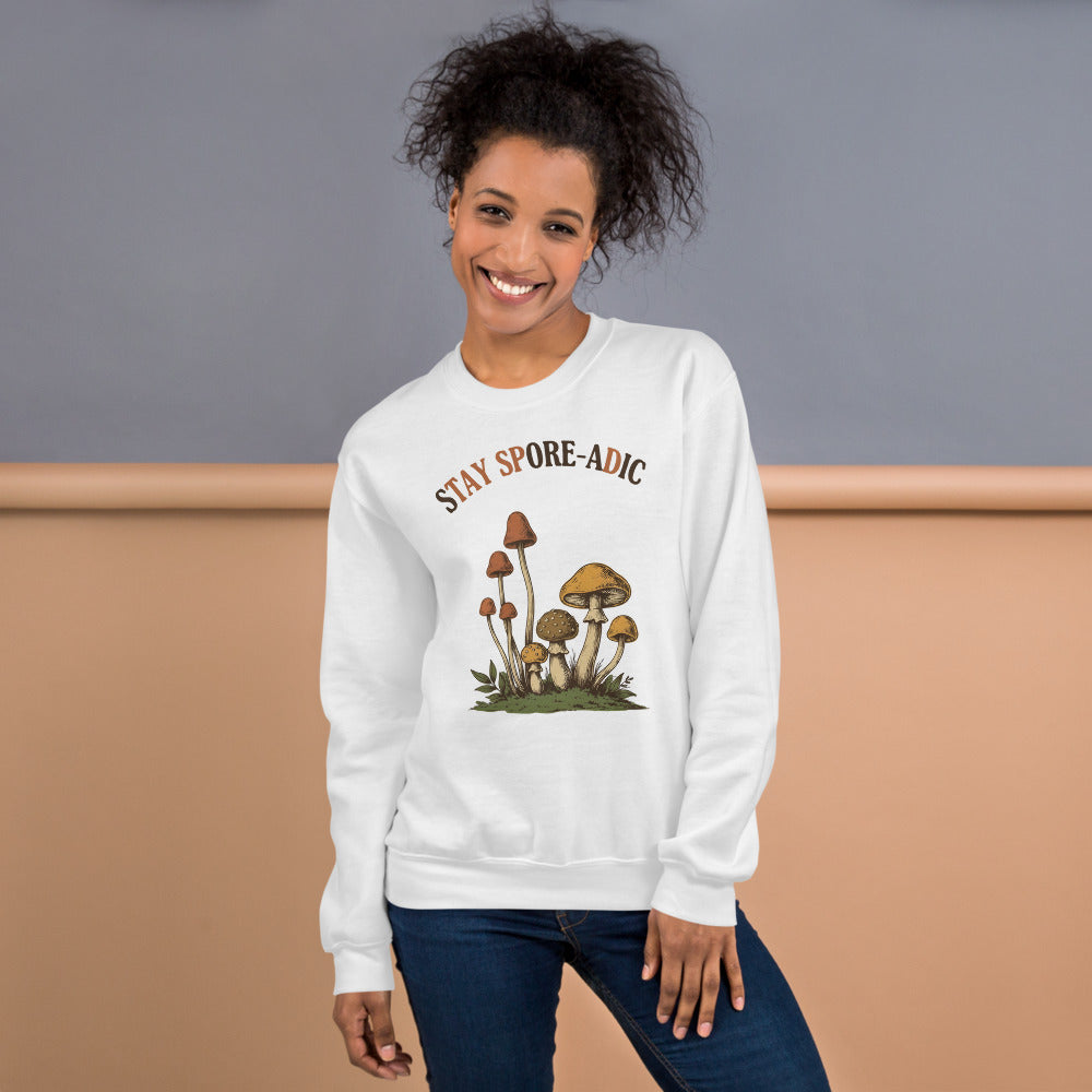 Stay Spore-adic funny vintage mushroom crewneck — White, on model