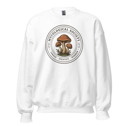 Mushroom Foraging Mycological Society vintage botanical crewneck — White, front