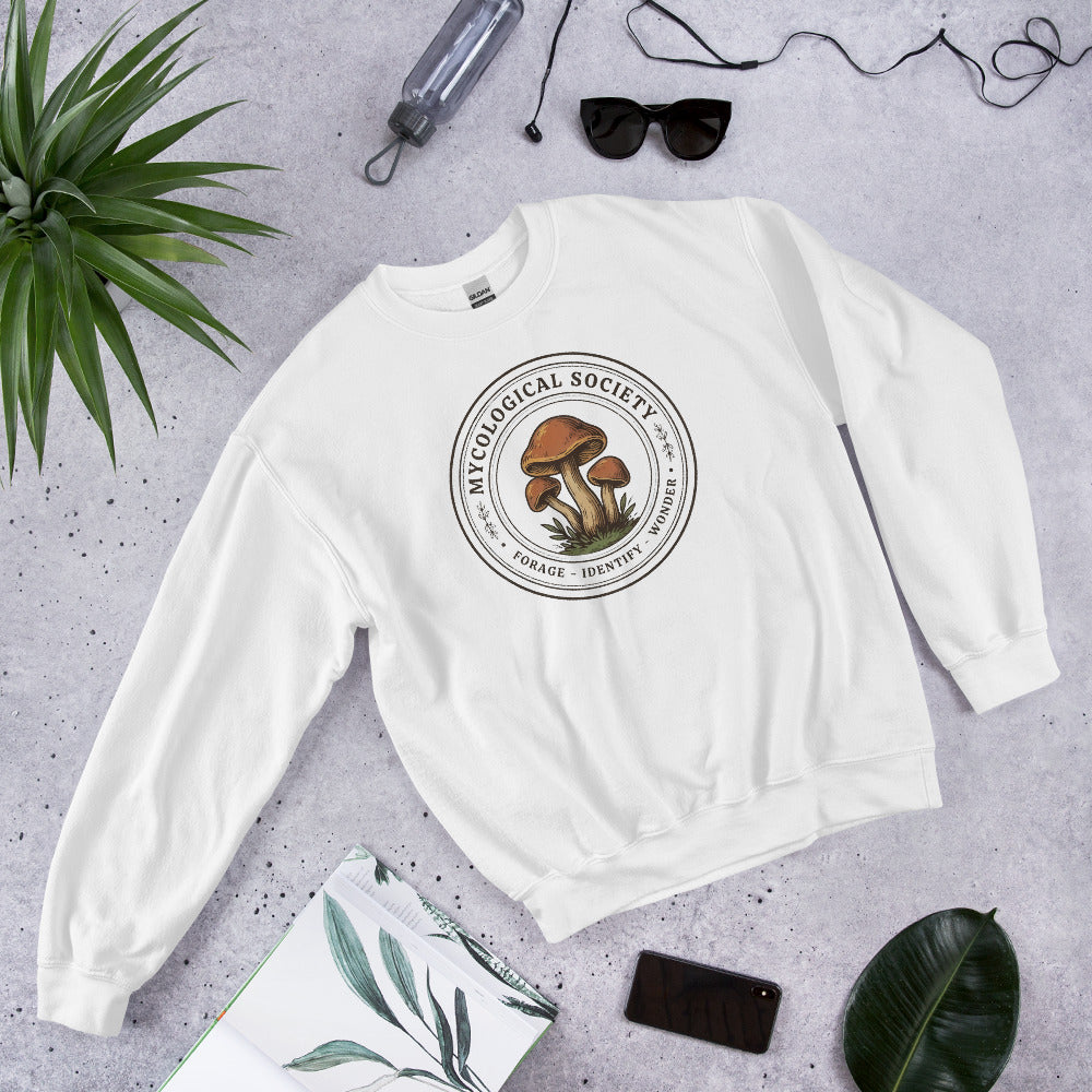 Mushroom Foraging Mycological Society vintage botanical crewneck — White, flat lay