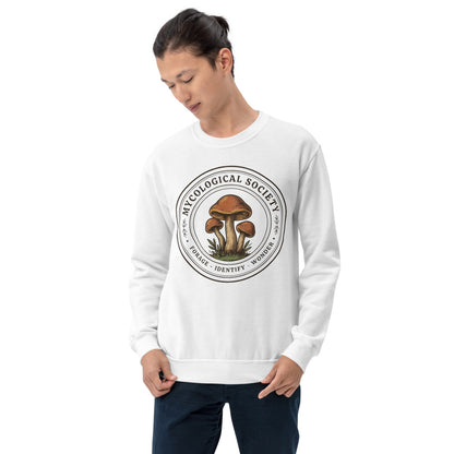 Mushroom Foraging Mycological Society vintage botanical crewneck — White, on model