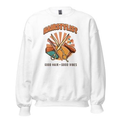 Retro Salon Hairstylist good hair good vibes crewneck — White, front