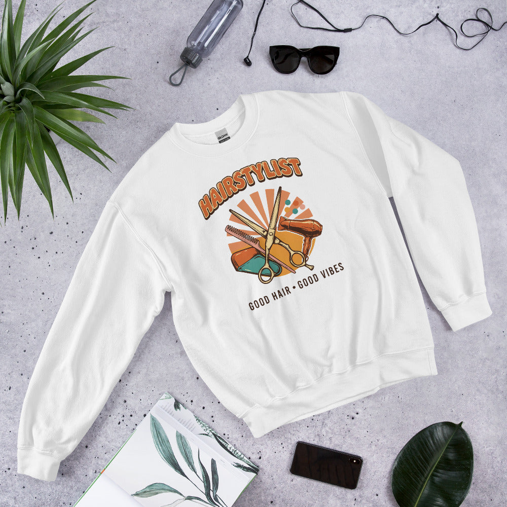 Retro Salon Hairstylist good hair good vibes crewneck — White, flat lay