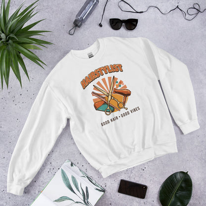 Retro Salon Hairstylist good hair good vibes crewneck — White, flat lay