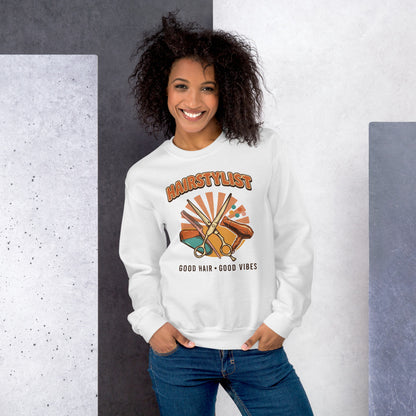 Retro Salon Hairstylist good hair good vibes crewneck — White, on model