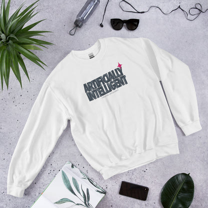 Artificially Intelligent funny AI crewneck sweatshirt — White, flat lay