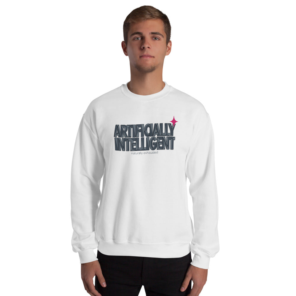 Artificially Intelligent funny AI crewneck sweatshirt — White, on model