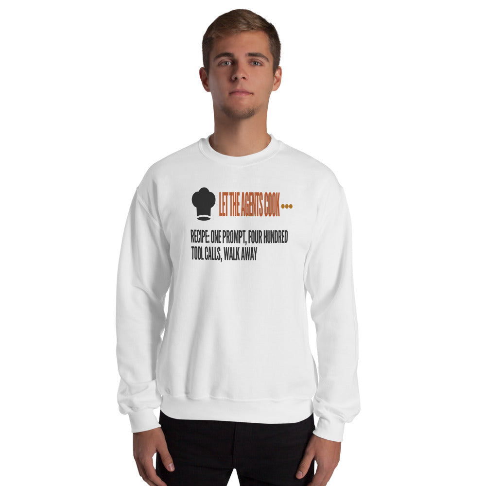 Let The Agents Cook crewneck sweatshirt — White, on model