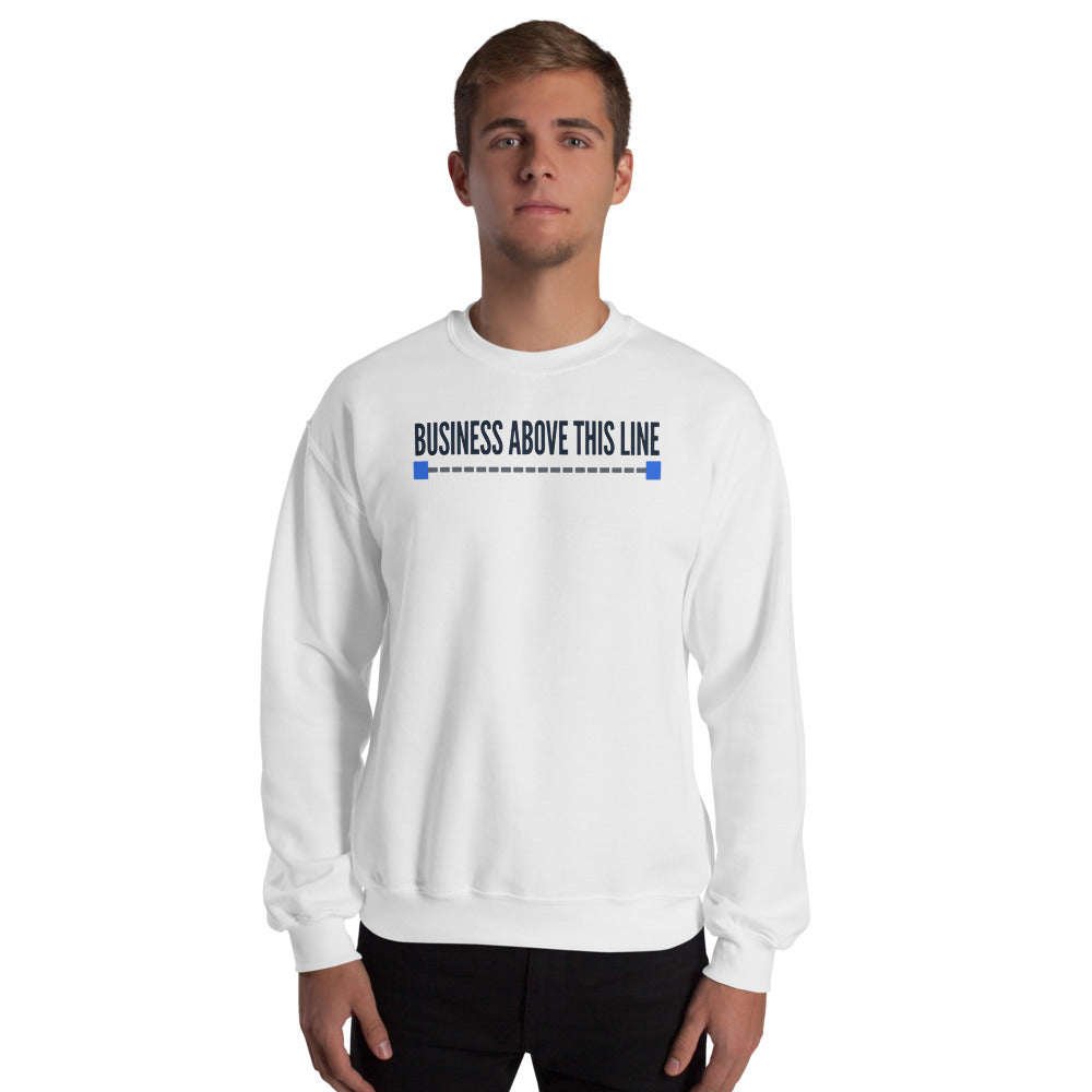 Business Above This Line crewneck sweatshirt — White, on model