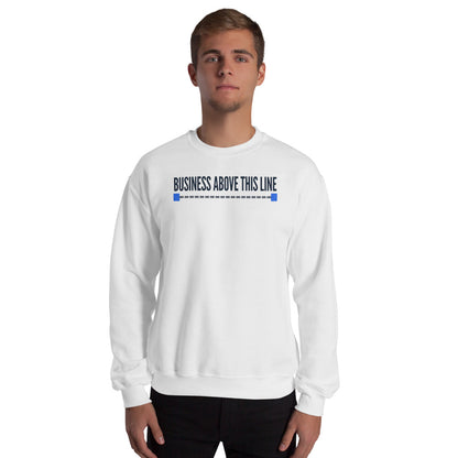 Business Above This Line crewneck sweatshirt — White, on model