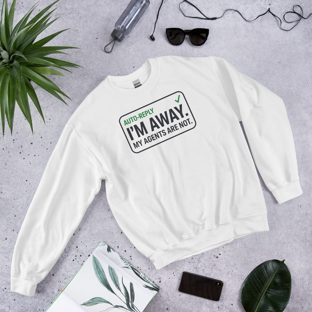 Auto-Reply agentic AI engineer crewneck sweatshirt — White, flat lay