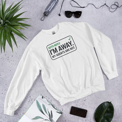 Auto-Reply agentic AI engineer crewneck sweatshirt — White, flat lay