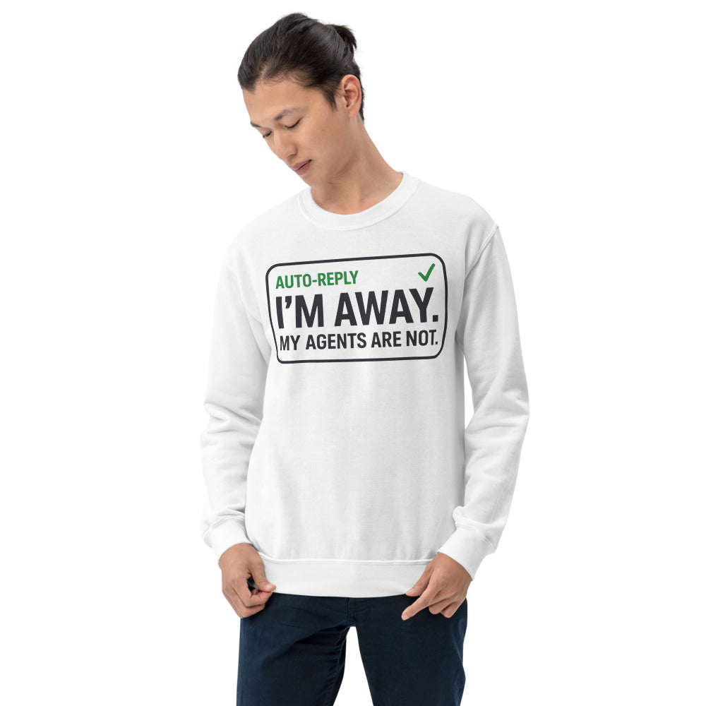 Auto-Reply agentic AI engineer crewneck sweatshirt — White, on model