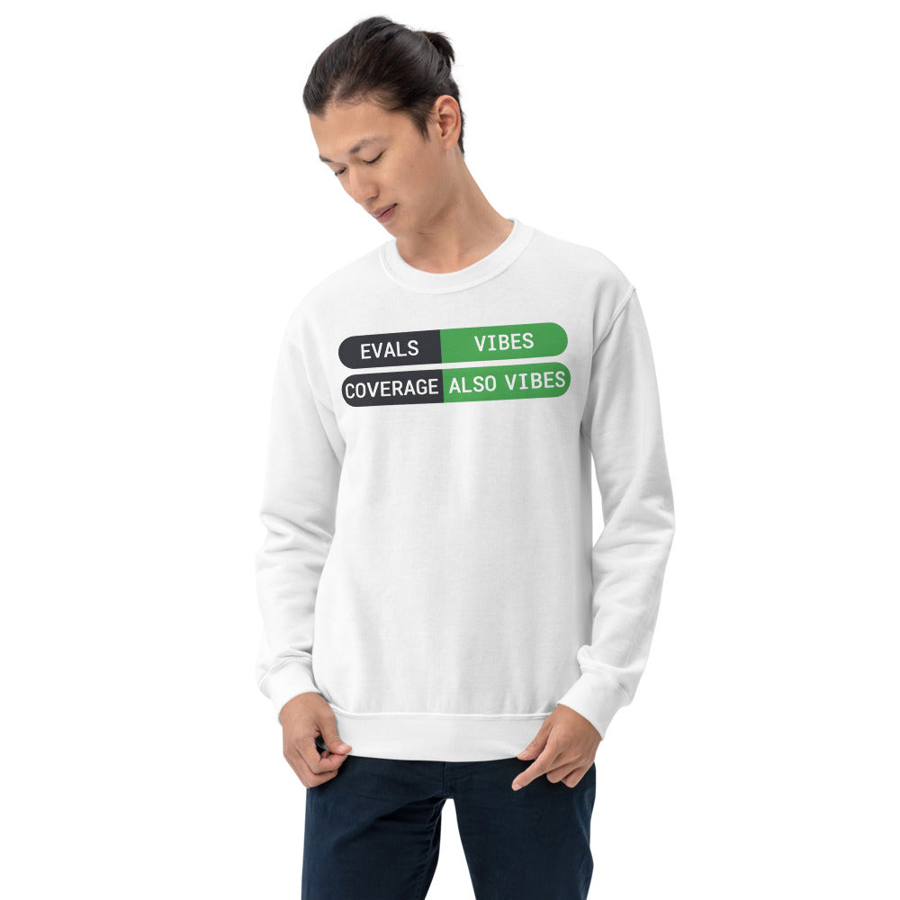 Eval Suite Vibes agentic AI engineer crewneck sweatshirt — White, on model