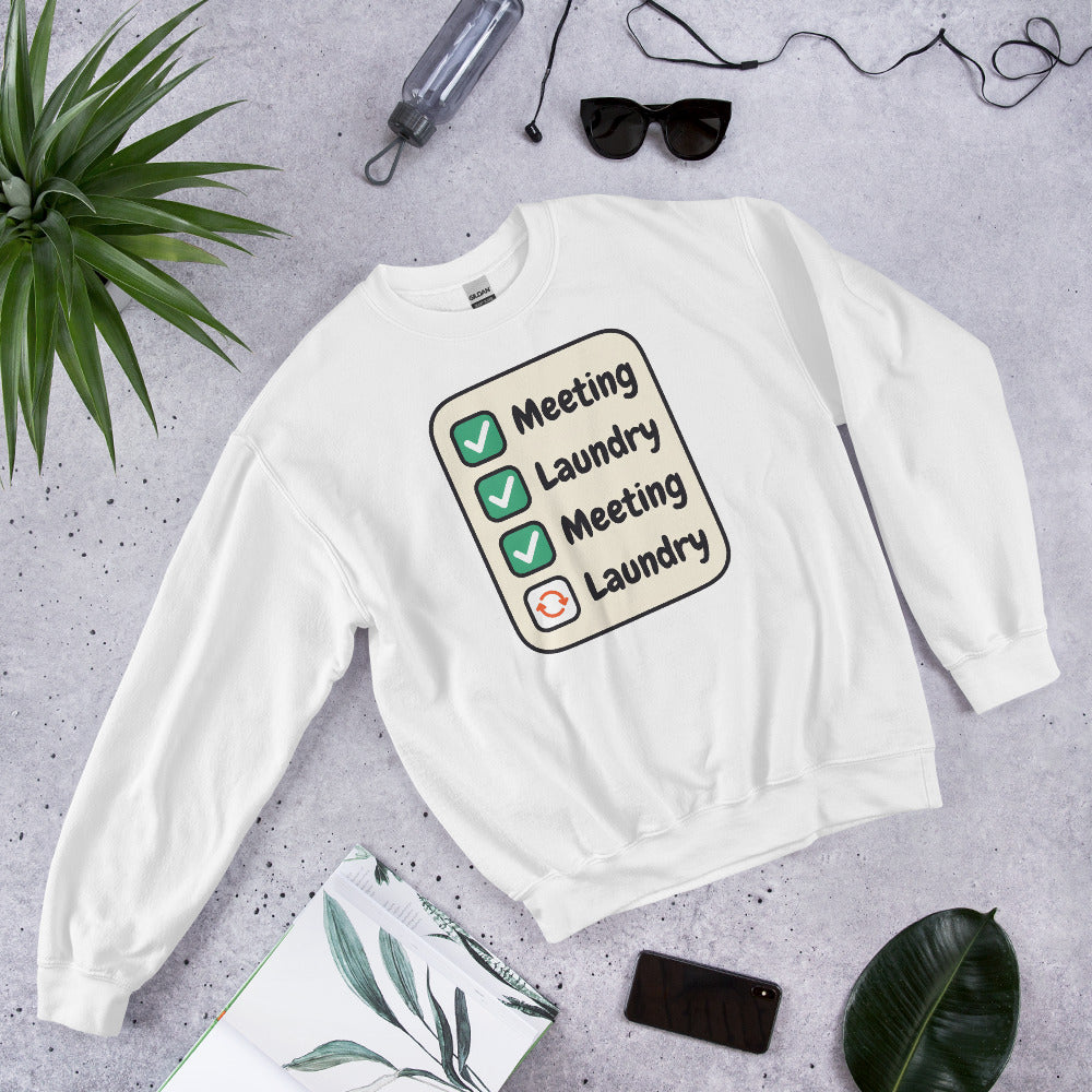 Meeting Laundry funny work from home crewneck sweatshirt — White, flat lay