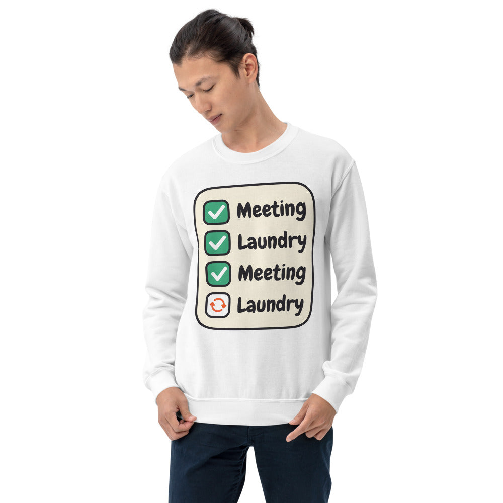 Meeting Laundry funny work from home crewneck sweatshirt — White, on model