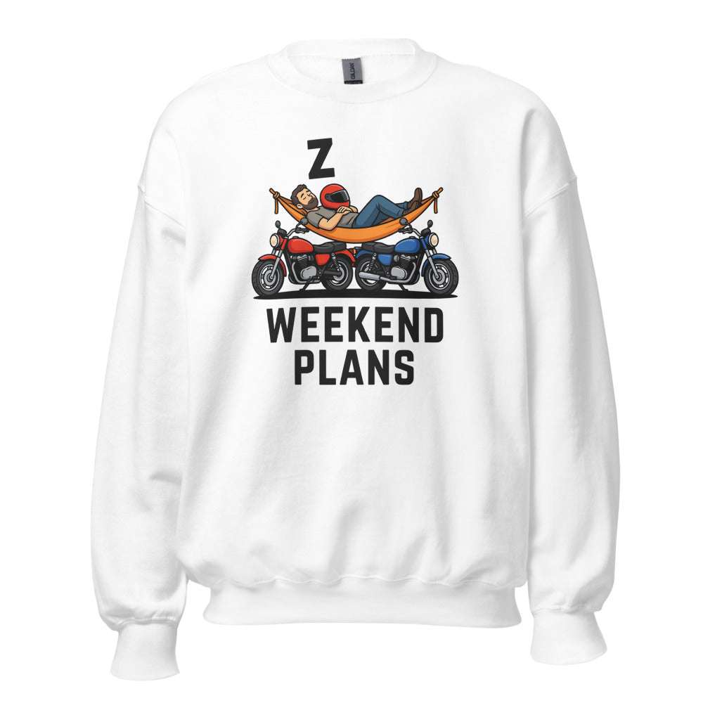 Weekend Plans funny motorcycle dad crewneck sweatshirt — White, front