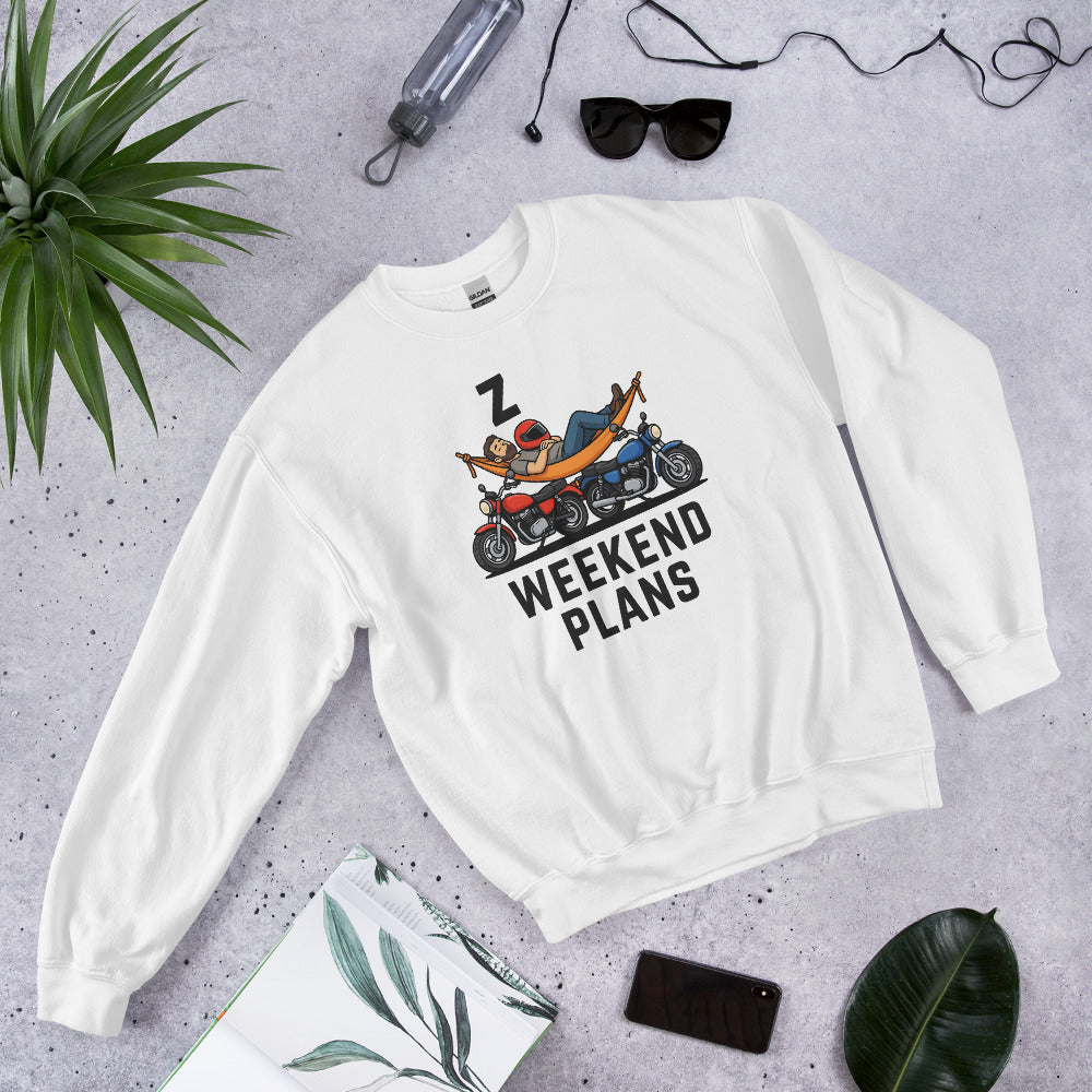 Weekend Plans funny motorcycle dad crewneck sweatshirt — White, flat lay