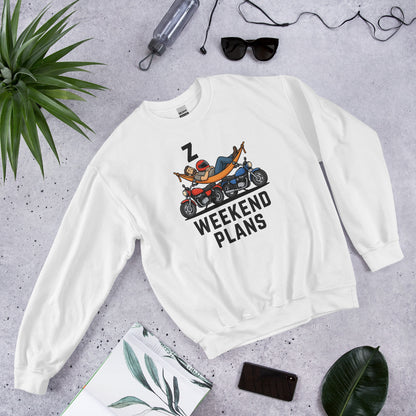 Weekend Plans funny motorcycle dad crewneck sweatshirt — White, flat lay